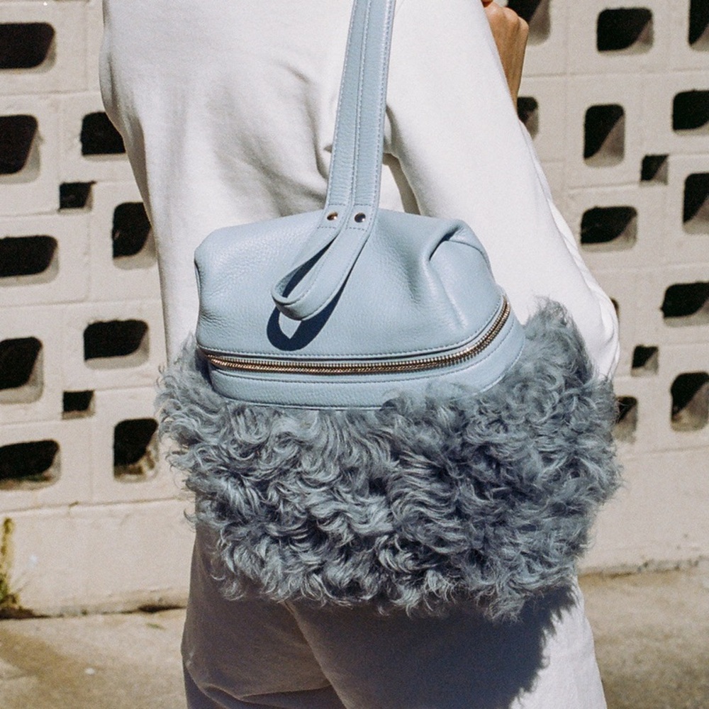 NWOT Kara Small Shearling Sky Blue Backpack